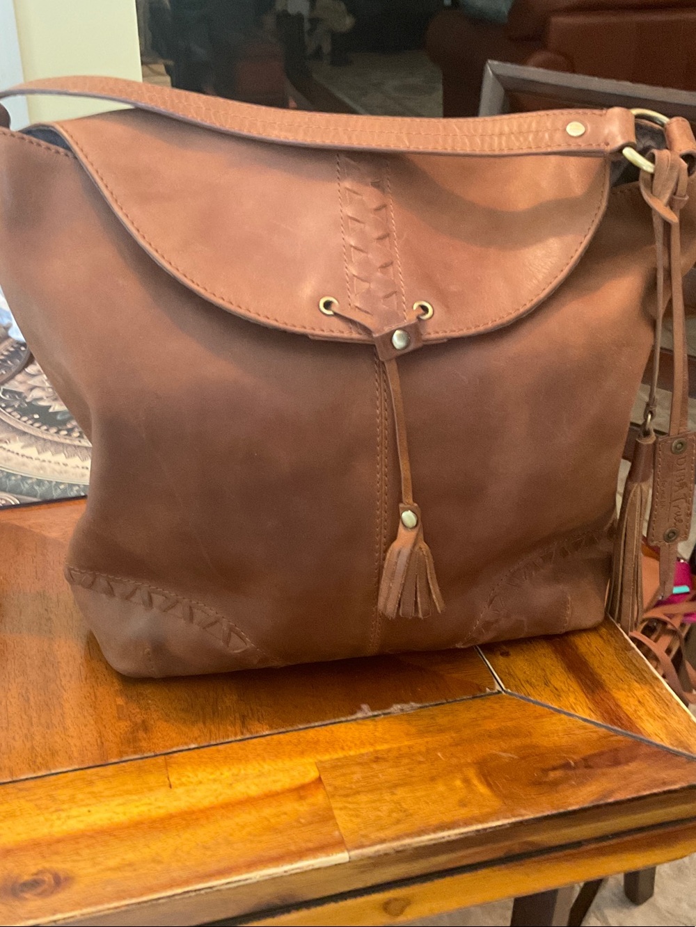Women's Brown Leather Shoulder Bag with Tassel Accent
